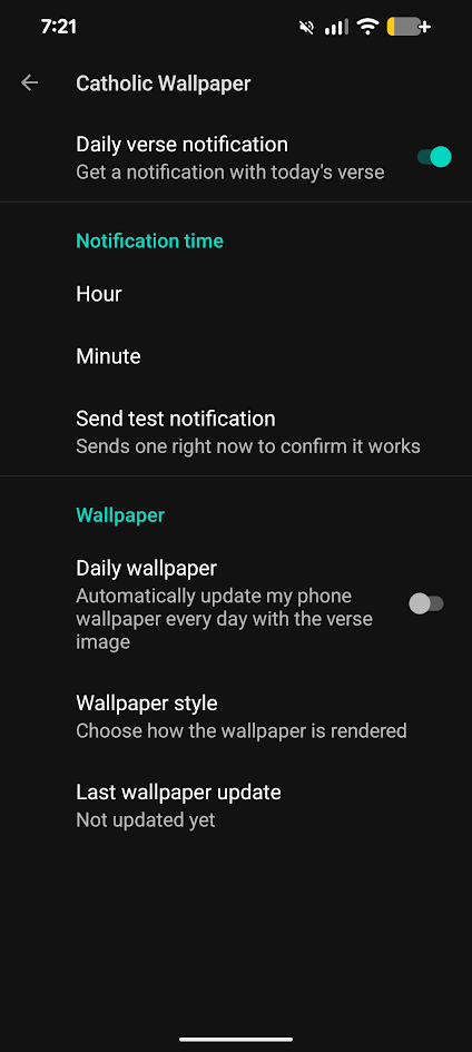 Catholic Wallpaper settings screen